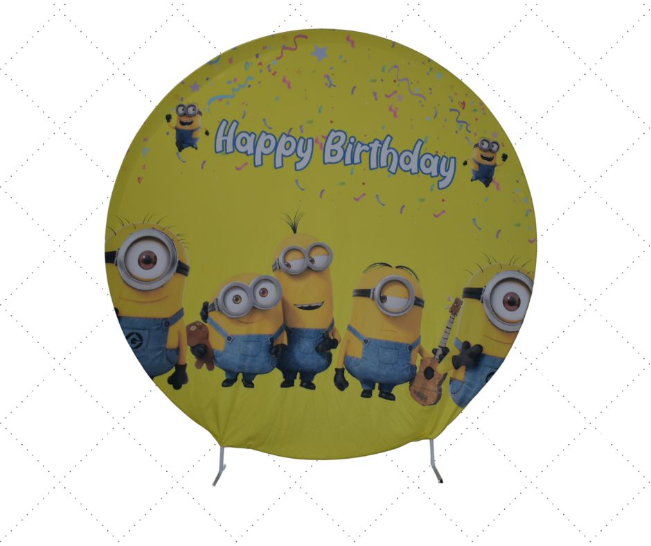 Minions Round Backdrop & Cylinder Plinth Set for Hire — styled setup photo 1, party props hire Melbourne
