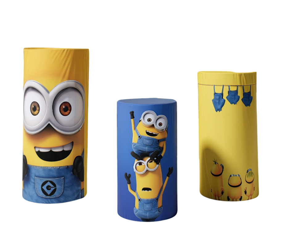 Minions Round Backdrop & Cylinder Plinth Set for Hire — styled setup photo 2, party props hire Melbourne