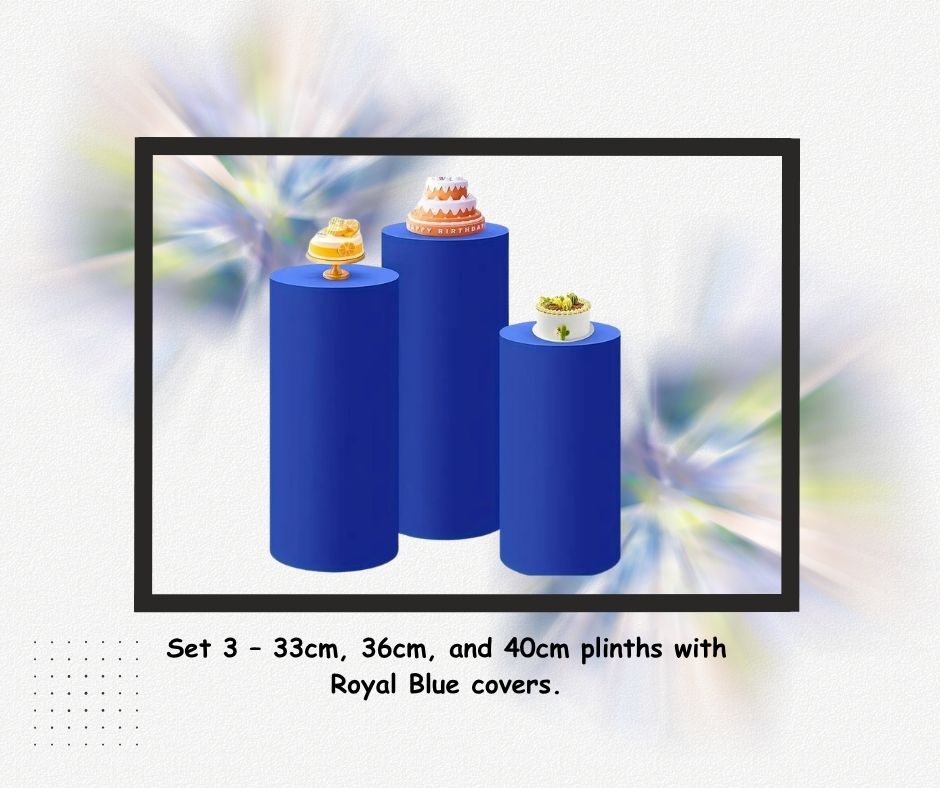 Royal Blue Cylinder Pedestal Stand Covers with Plinths for Hire — party hire package