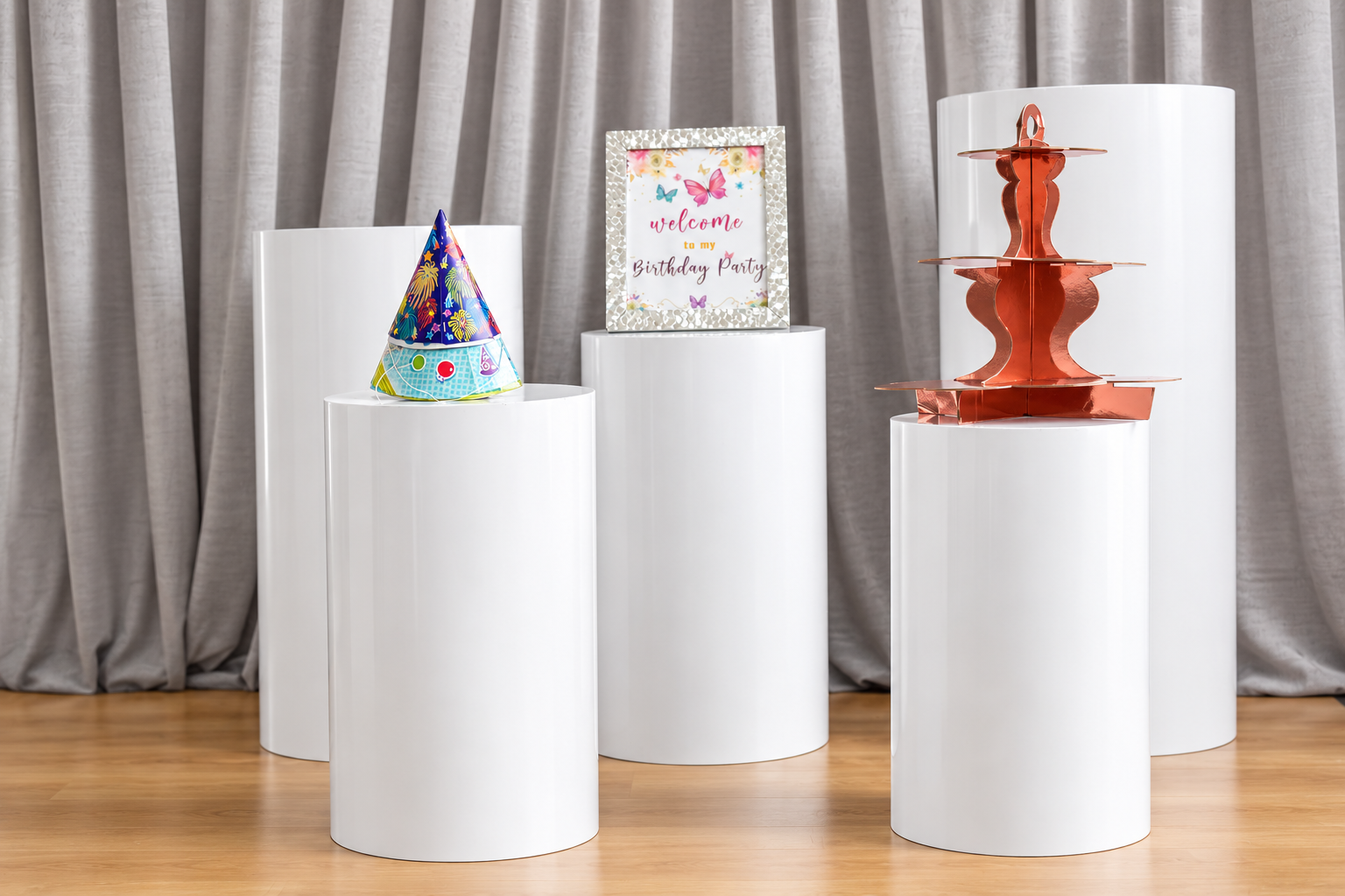 White Plinths for Hire — styled setup photo 1, party props hire Melbourne